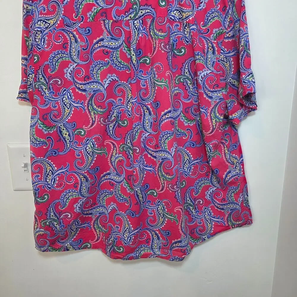 Lauren Ralph Lauren Womens Pajama Top XL Pink Paisley Button Down Shirt Logo